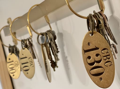 a row of keys hanging on a necklace chain with a guitar hero keychain on
