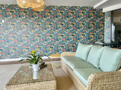 a living room with a couch and a coffee table