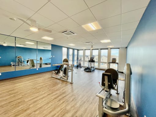 a gym with cardio machines and weights on a wooden floor