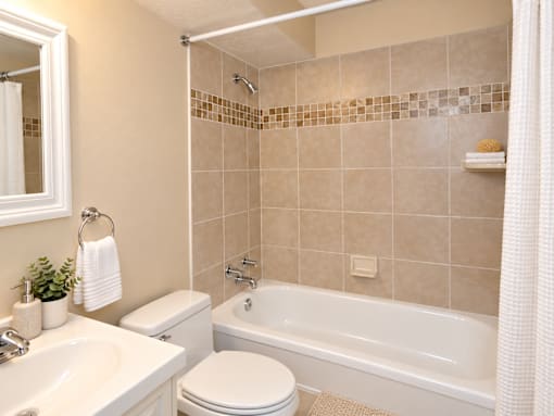 A bathroom with a white toilet, sink, and bathtub.