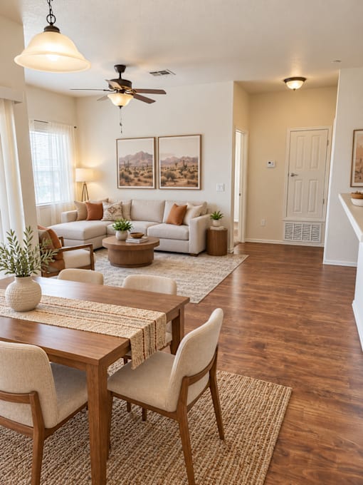 A living room with a dining table and chairs.
