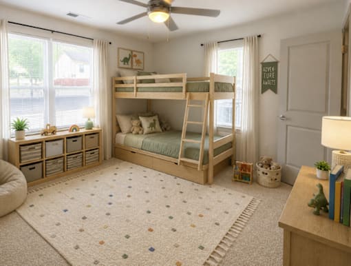 A room with a bed, a chair, a rug, and a dinosaur toy.