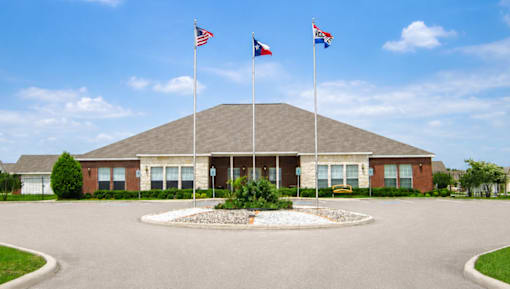 A building with a flag on top of it.