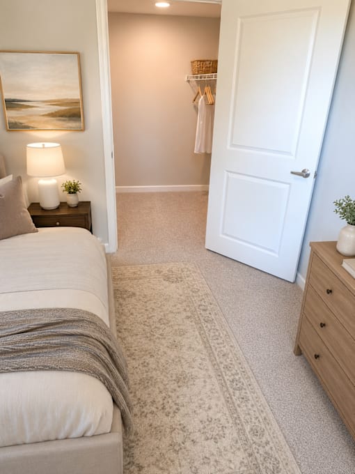 A bedroom with a bed, nightstand, and a painting on the wall.