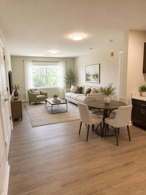 A living room with a couch, chairs, and a coffee table.