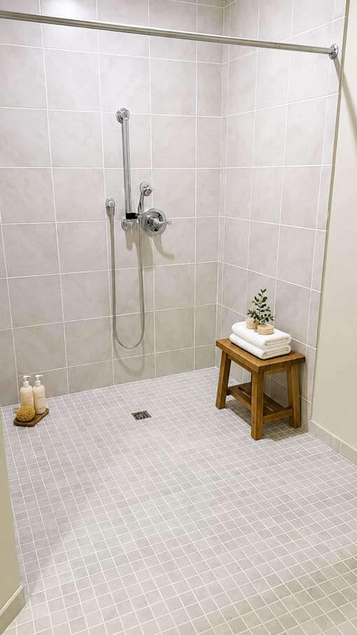 A white tiled shower with a wooden stool and candles.