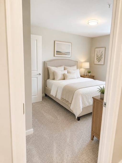 A bedroom with a large bed and a nightstand.