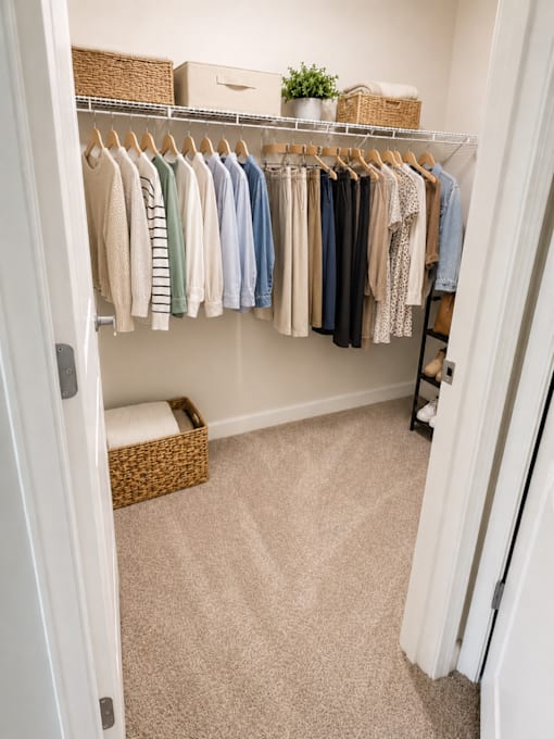 A white closet with clothes hanging and a basket on the floor.