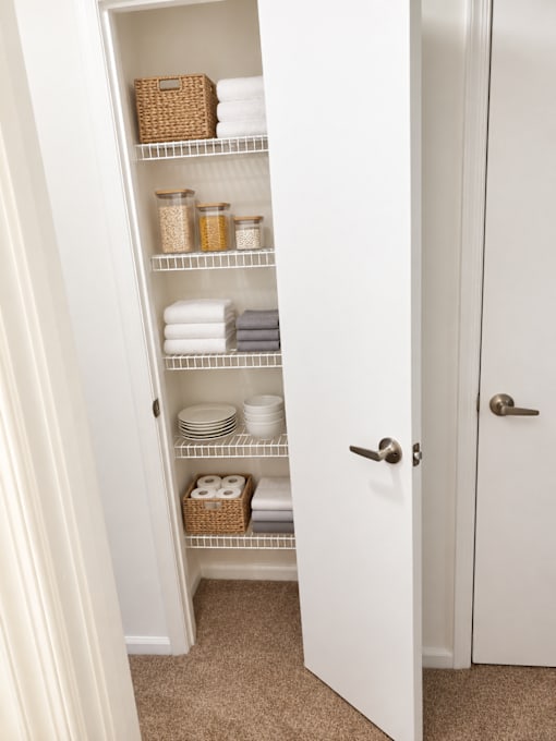 A white pantry with a door open to a carpeted floor.