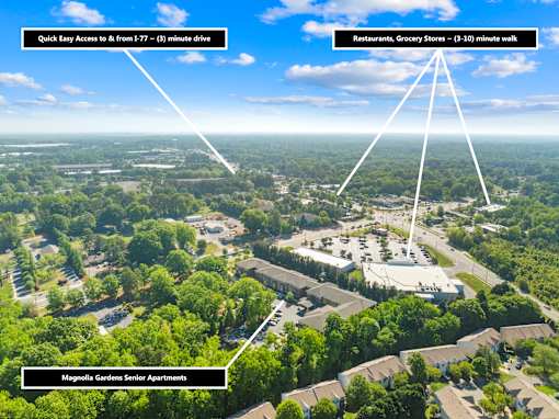 An aerial view of a senior living community with easy access to I-77 and nearby amenities.
