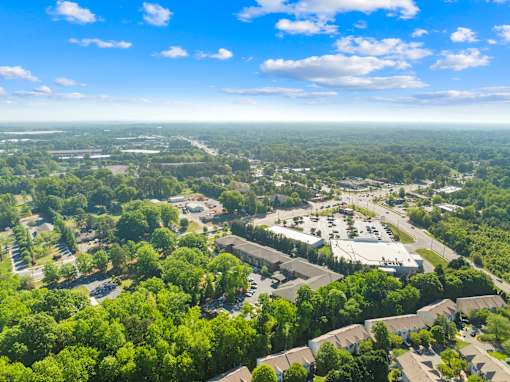 A bird's eye view of a residential area with houses and greenery.
