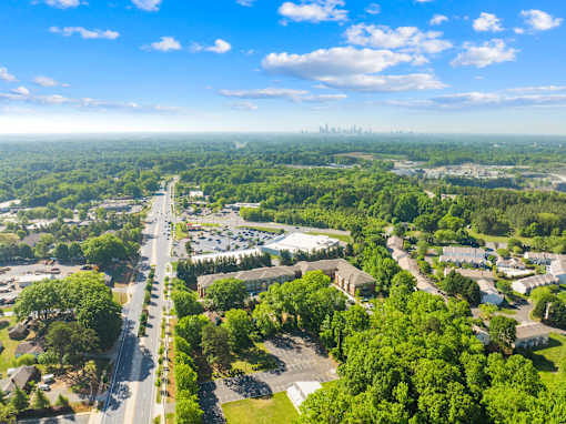 A road cuts through a green residential area.