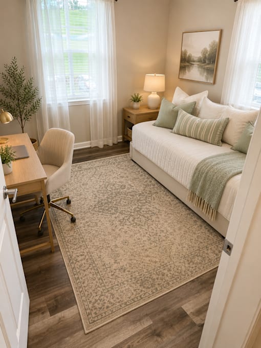 A bedroom with a bed, desk, and chair.