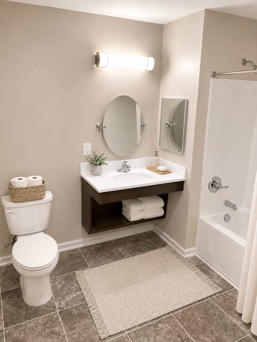A bathroom with a toilet, sink, mirror and rug.