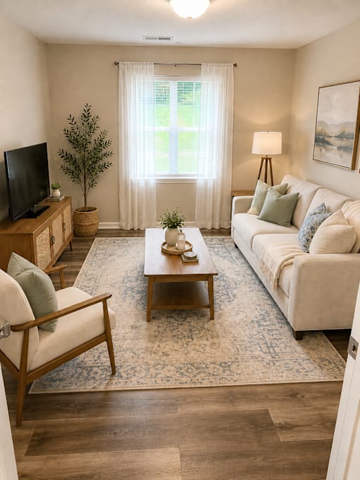 A living room with a white couch, a wooden coffee table, and a flat screen TV.