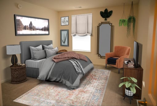 a bedroom with a bed and a tv
