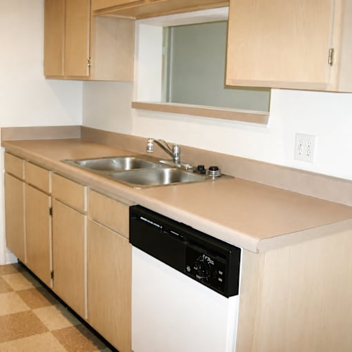 A kitchen with a black dishwasher and a white counter top.