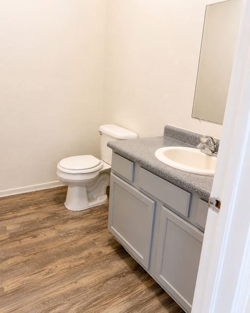A white toilet sits next to a sink in a bathroom.