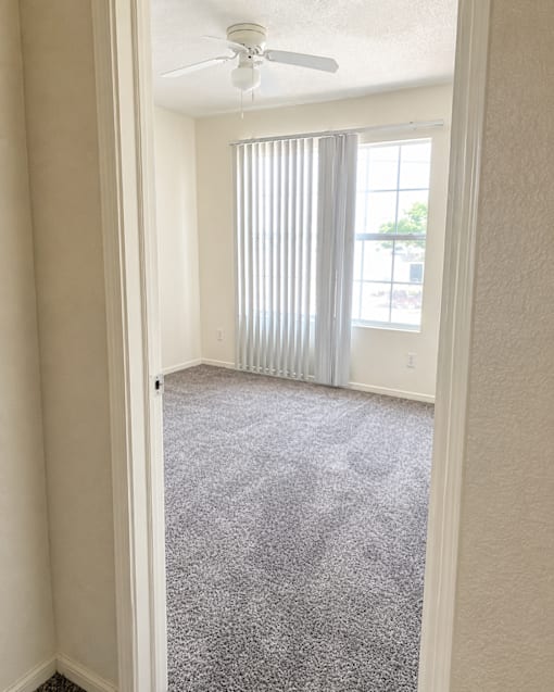 A room with a carpeted floor and a ceiling fan.