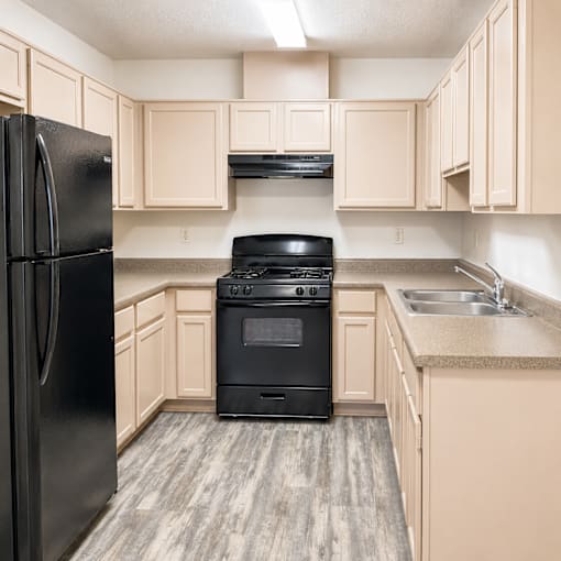 A black fridge stands next to a black stove in a kitchen with wooden cabinets.