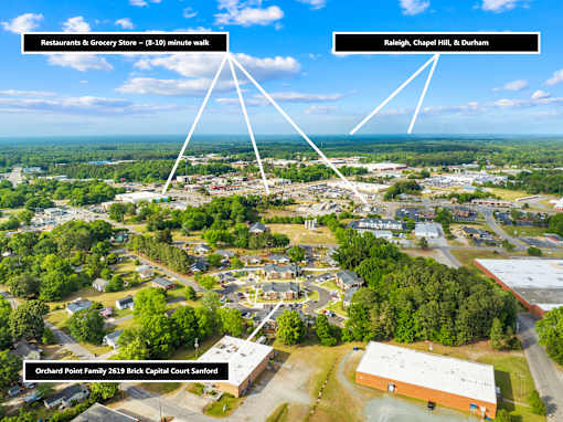 An aerial view of a town with a Restaurant & Grocery Store, and a Brick Capital Court building.