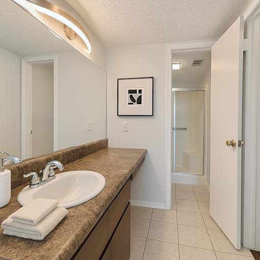 A bathroom with a sink, mirror, and a white door.
