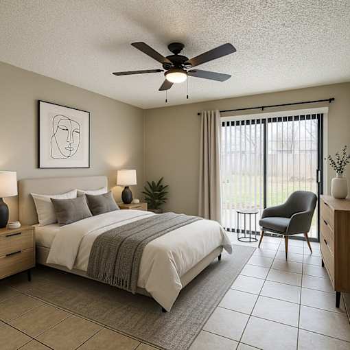 A bedroom with a bed, a chair, and a ceiling fan.