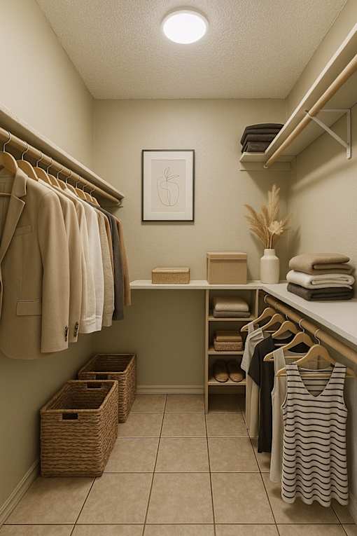 A small, well-organized, and tidy walk-in closet with a white counter and a framed picture on the wall.
