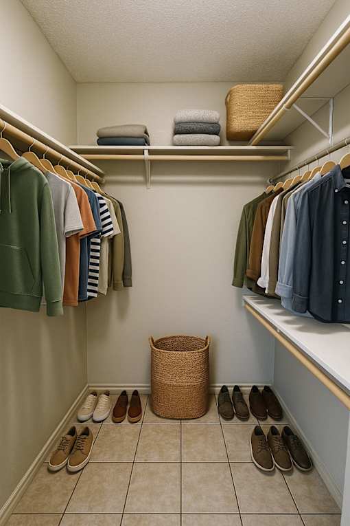A small closet with clothes and shoes.