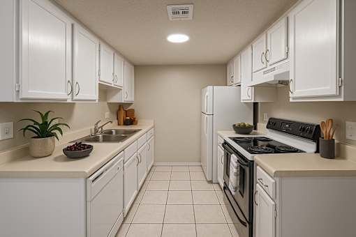 A kitchen with white cabinets and appliances.