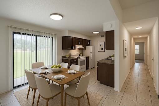 A modern kitchen with a dining table set for four.