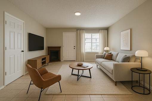 A living room with a brown chair and a white couch.