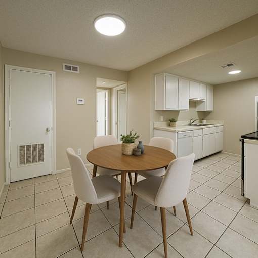 A kitchen with a table and chairs in the foreground.