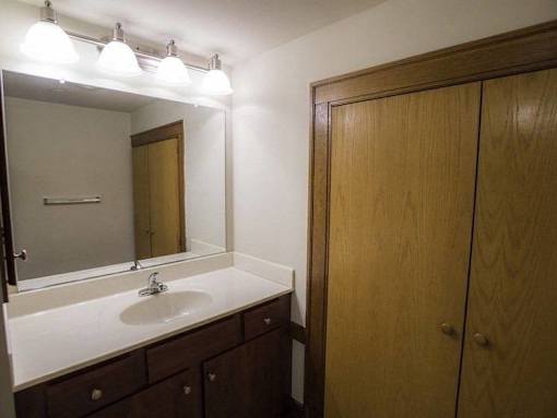 A bathroom with a sink, mirror, and wooden cabinet.