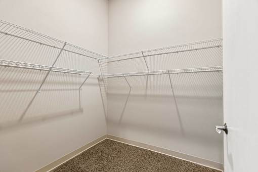 A walk-in closet with shelves and carpeted floor.