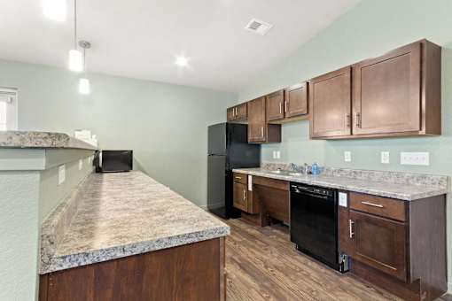 A kitchen with a black dishwasher and a black refrigerator.