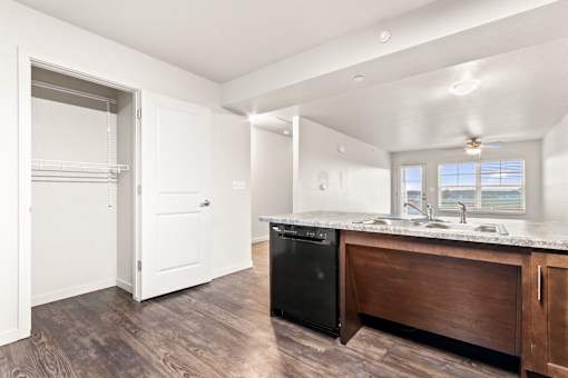 A kitchen with a black dishwasher and a window.