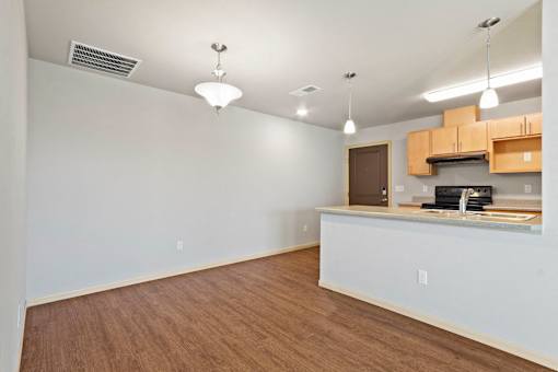 A kitchen area with a counter and cabinets.