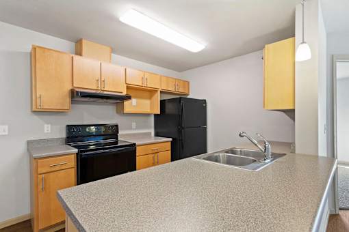 A kitchen with a black refrigerator, stove, and oven.