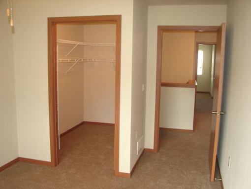 A room with a brown carpet and a white wall with a doorway leading to another room.