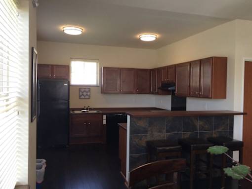 A kitchen with wooden cabinets and a black refrigerator.