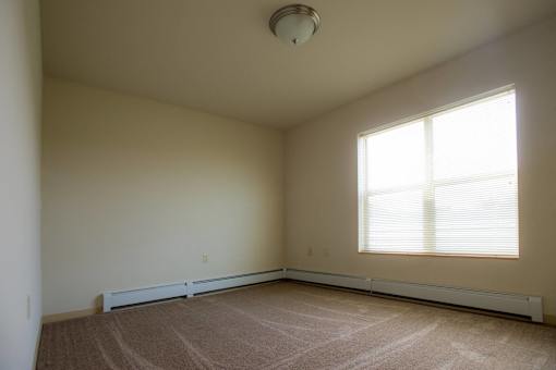 A room with a window and a carpet on the floor.