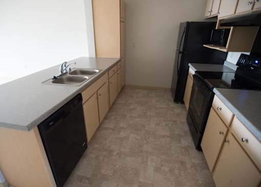 A kitchen with black appliances and wooden cabinets.