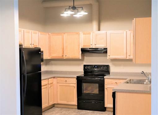 A kitchen with black appliances and wooden cabinets.