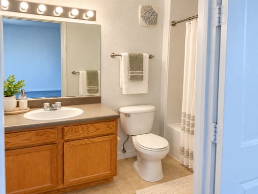 A bathroom with a toilet, sink, and mirror.