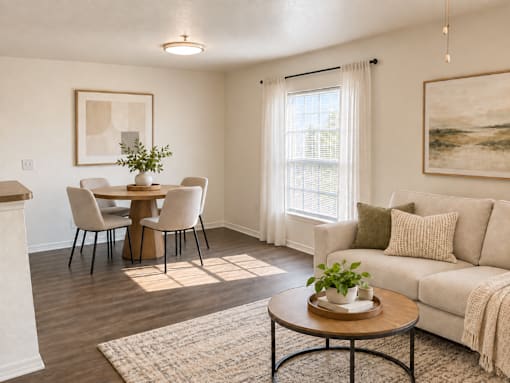 A living room with a dining table and chairs.
