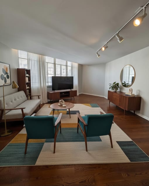 A living room with a white couch, a coffee table, and a television.