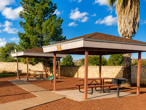 A picnic area with a shelter and benches.