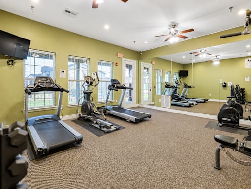 A spacious gym with treadmills, elliptical machines, and a fan.