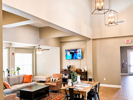 A living room with a grey couch, a coffee table, a flat screen TV, and a rug.